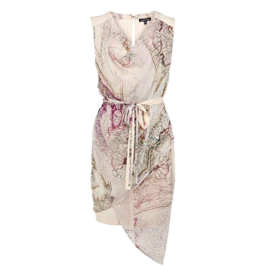Kersh Sleeveless Draped Tie Waist Map Print Asymmetrical Dress Size Medium New